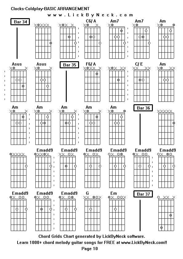 Chord Grids Chart of chord melody fingerstyle guitar song-Clocks-Coldplay-BASIC ARRANGEMENT,generated by LickByNeck software.